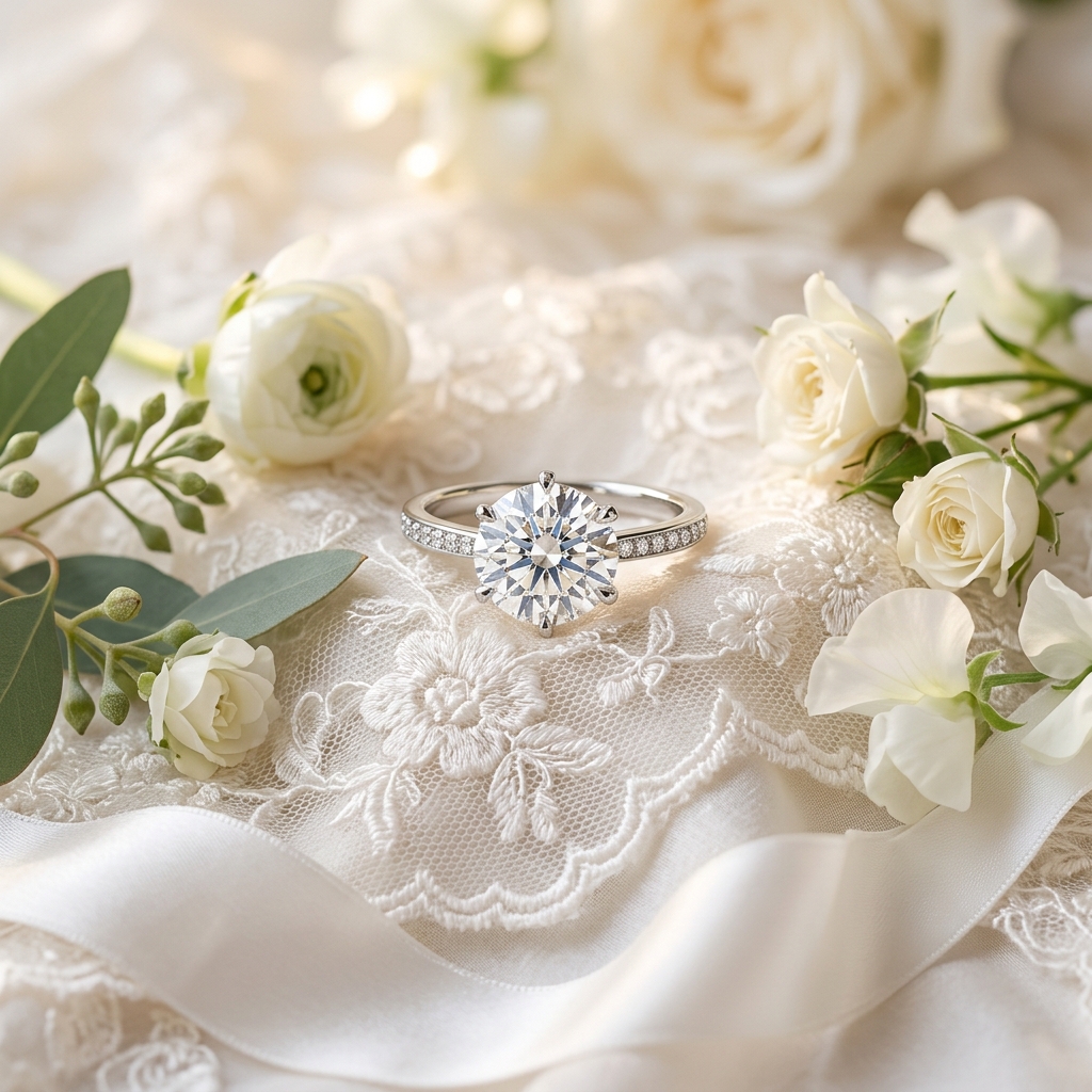 Premium Solitaire Ring sitting on roses and lace